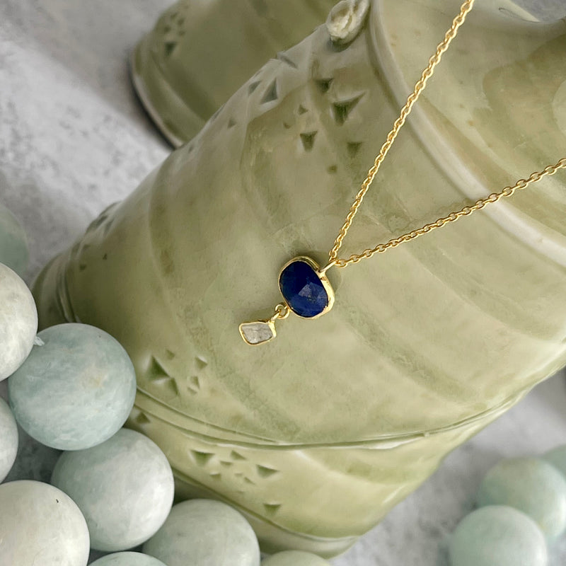 Vermeil (14K Gold over Sterling), Lapis, and Diamond Slice Necklace 17”-19”