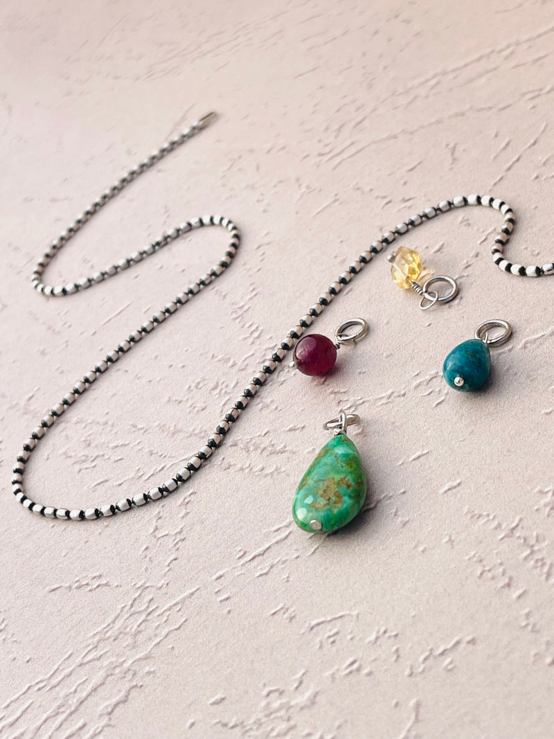 Limited Edition - Sterling Silver Oval Bead Necklace with Removable Gemstones Garnet, Turquoise, & Citrine