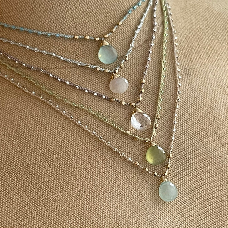 Gold-filled Woven Linen Gemstone Necklaces - Prehnite, Clear Quartz, Aqua Chalcedony, & Moonstone 16”-18”