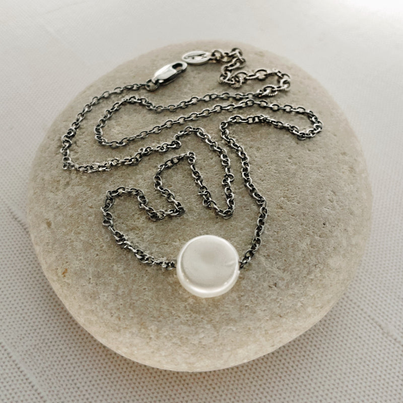 Sterling Silver & Pearl Coin Necklace 16”-18”