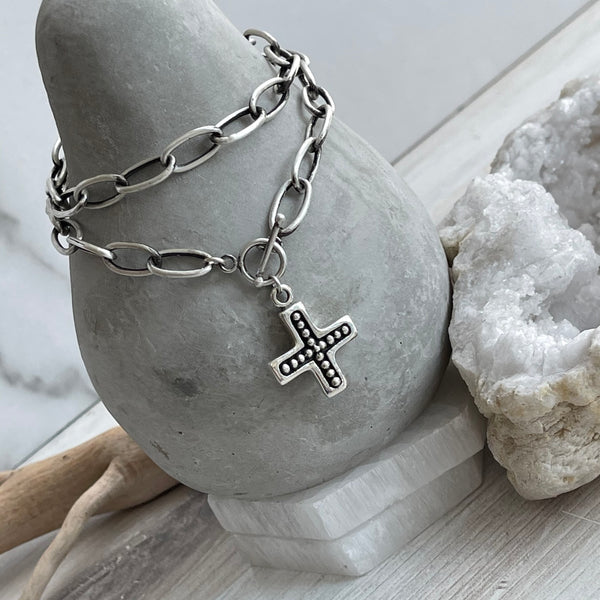 Sterling Silver Cross and Toggle Necklace
