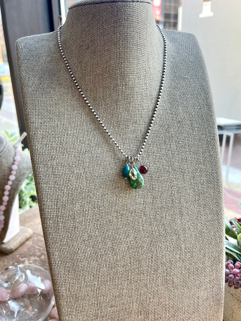 Limited Edition - Sterling Silver Oval Bead Necklace with Removable Gemstones Garnet, Turquoise, & Citrine
