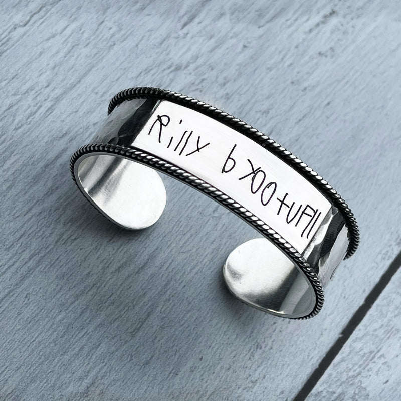 Engraved Actual Handwriting Cuff Bracelet Silver