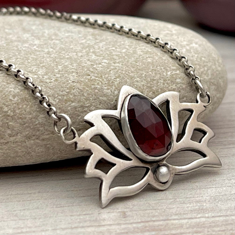 Sterling Silver Garnet Lotus Necklace
