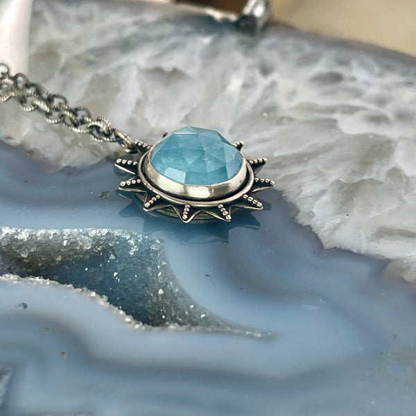 Sterling Silver Aquamarine Sun Necklace 7/8”