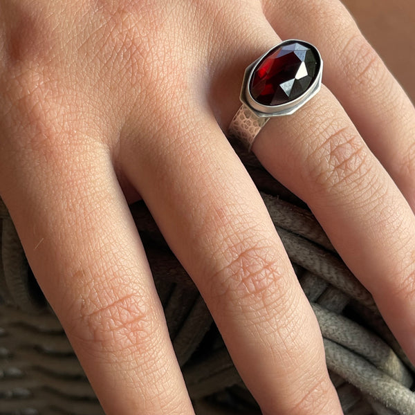 Sterling Silver & Faceted Garnet Ring