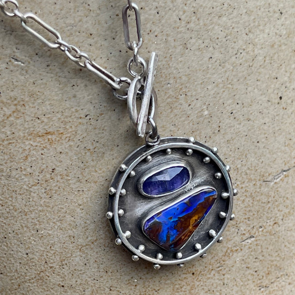 Sterling Silver, Tanzanite, & Australian Boulder Opal Necklace 16”