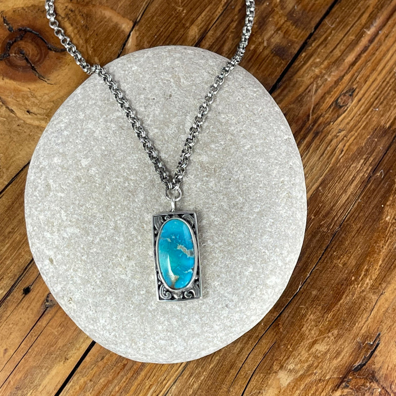 Sterling Silver and Sonoran Mountain Turquoise Necklace 7/8”x1/2” pendant