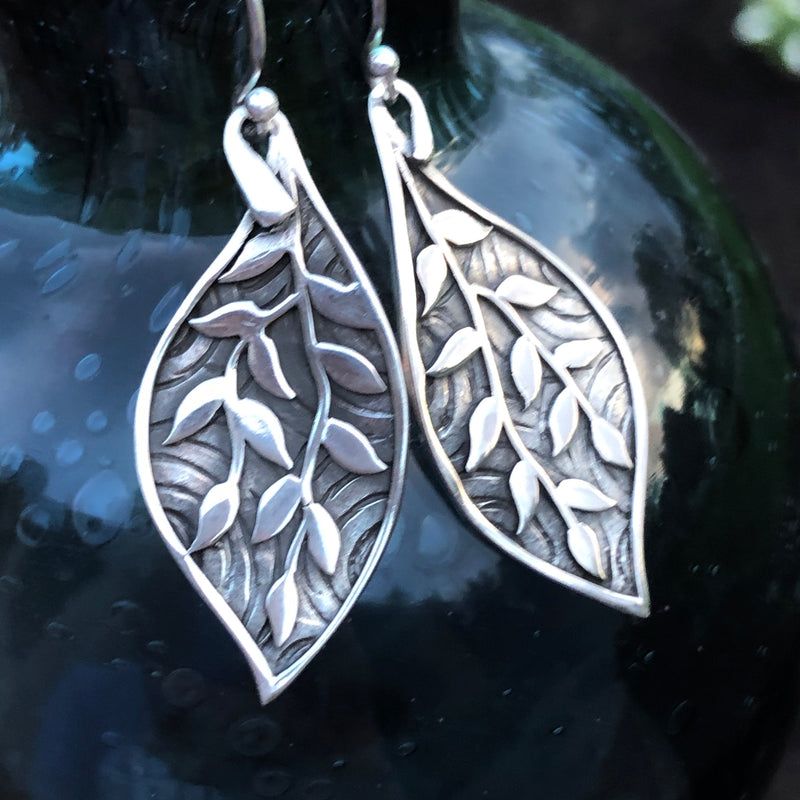 Sterling Silver Patterned Leaf Earrings