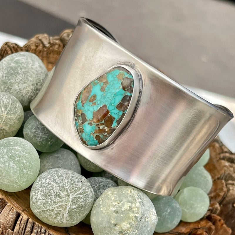 Sterling Silver Cuff with 21 CaratCarico Lake Turquoise mined in Nevada  7.5”