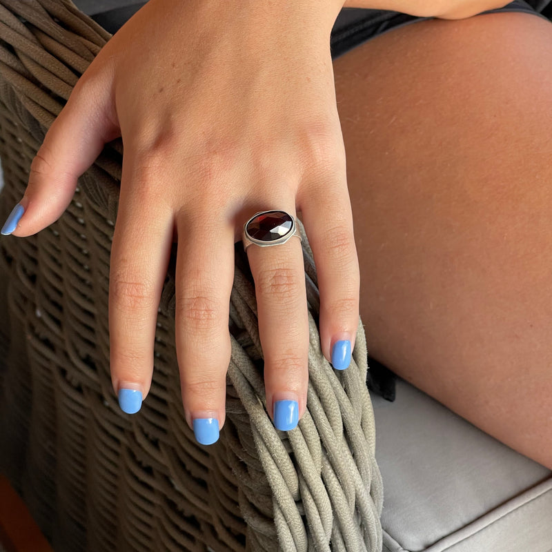 Sterling Silver & Faceted Garnet Ring