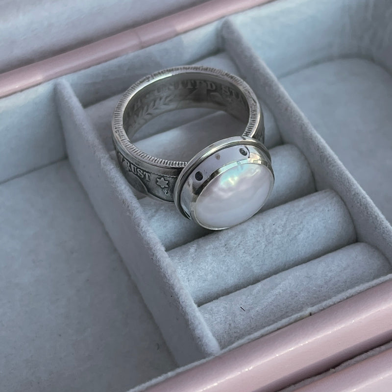 Silver Coin Pearl Ring