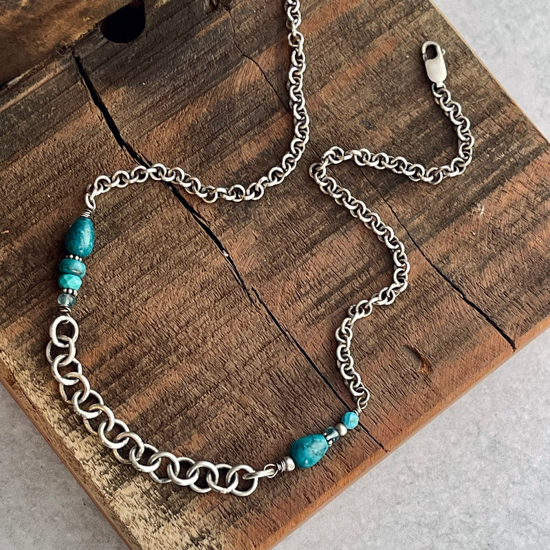 Sterling Silver, Turquoise, Aquamarine, & Chrysocolla Necklace 16”-18”