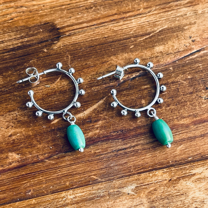 Sterling Silver Dotted Hoops with Turquoise 1.25”