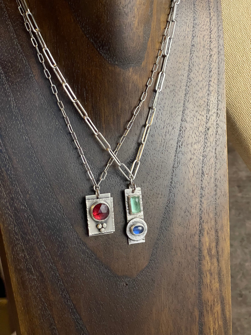 Sterling Silver & Garnet Necklace 3-4”x1/2” pendant
