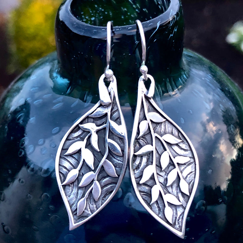 Sterling Silver Patterned Leaf Earrings