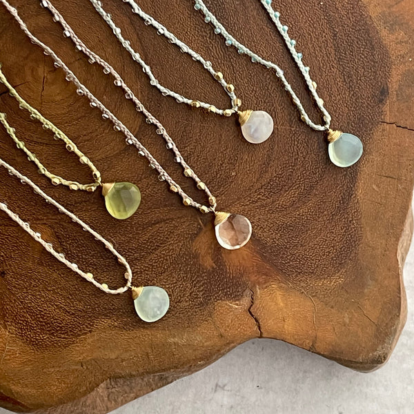 Gold filled Woven Linen Gemstone Necklaces Prehnite Clear Quartz A