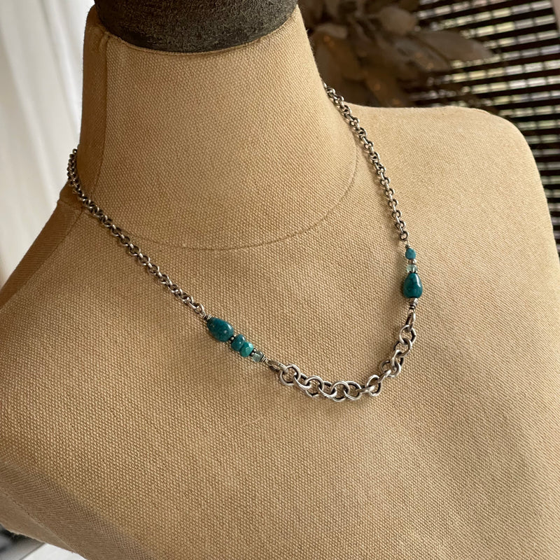 Sterling Silver, Turquoise, Aquamarine, & Chrysocolla Necklace 16”-18”