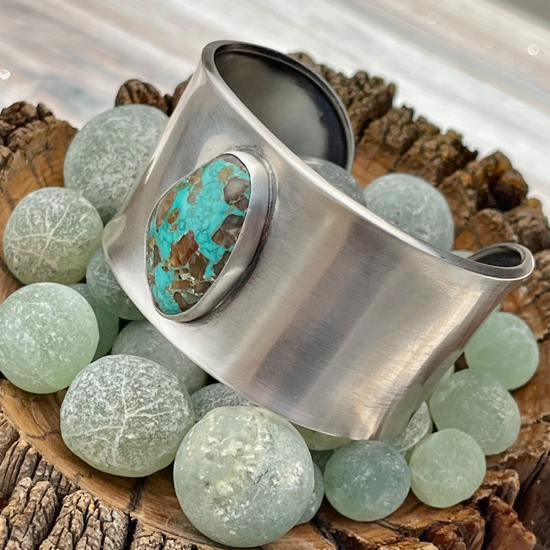 Sterling Silver Cuff with 21 CaratCarico Lake Turquoise mined in Nevada  7.5”