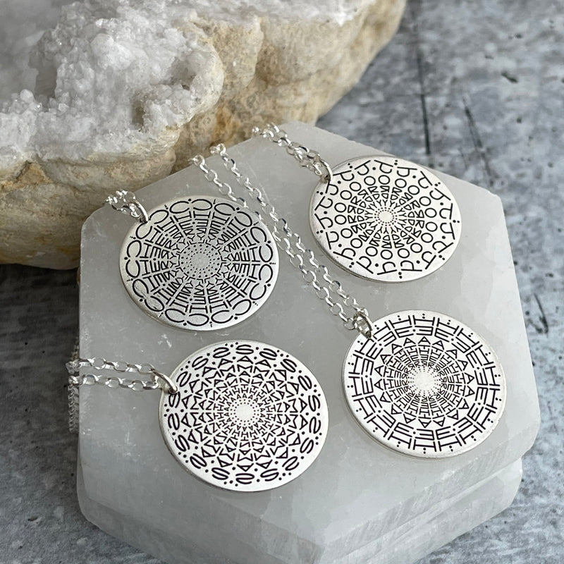 Namana Mandala Pendant Necklace - Brushed Silver Sacred Geometry Jewelry, Nickel & Lead Free