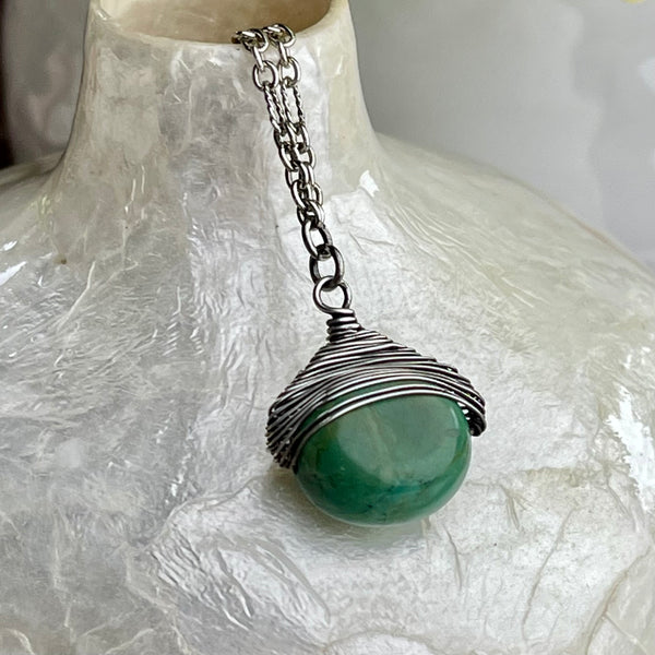 Sterling Silver Wire Wrapped Oval Turquoise Necklace 16”-18”