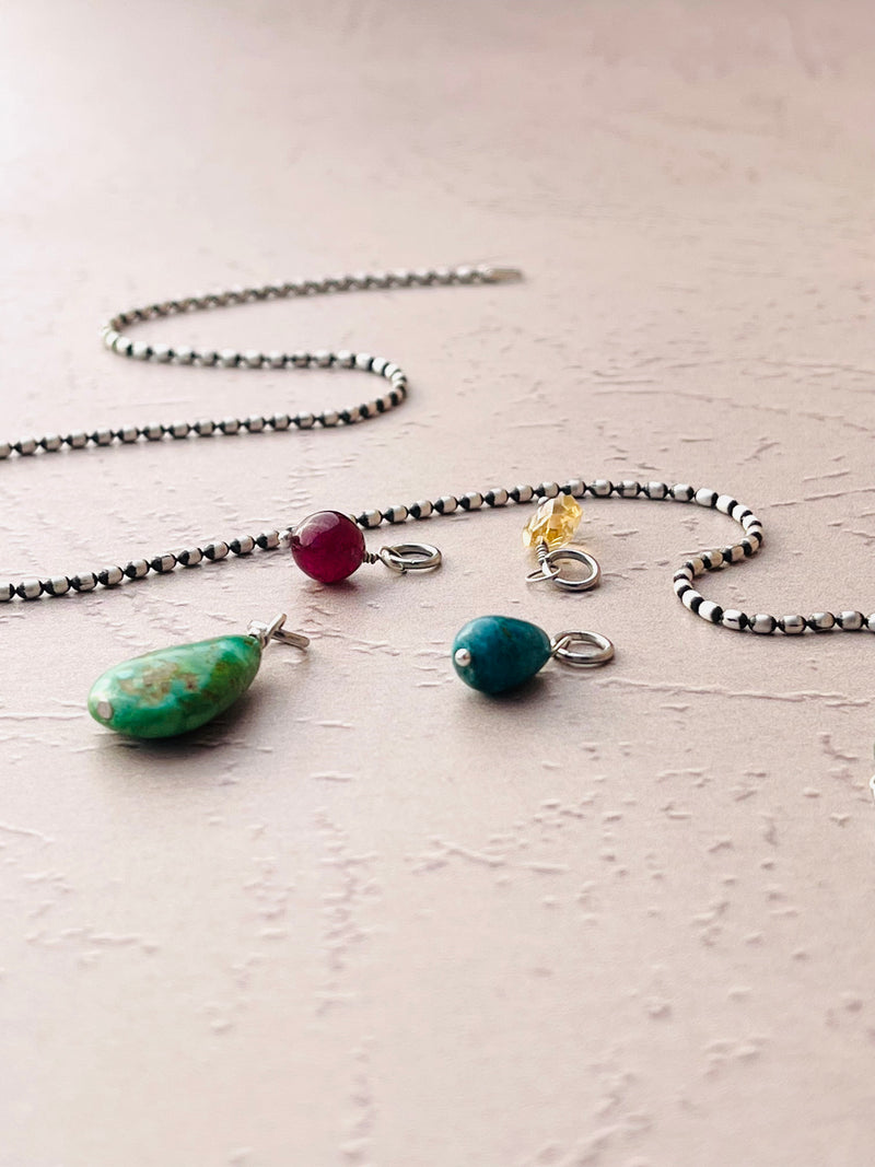 Limited Edition - Sterling Silver Oval Bead Necklace with Removable Gemstones Garnet, Turquoise, & Citrine