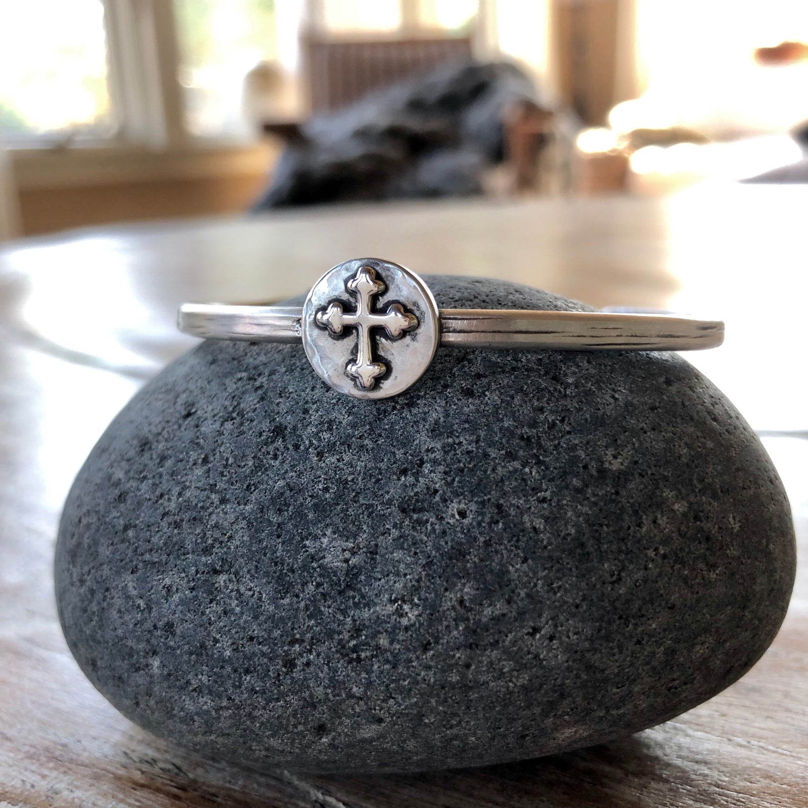 Thin Cuff Bracelet with Sterling Silver Cross