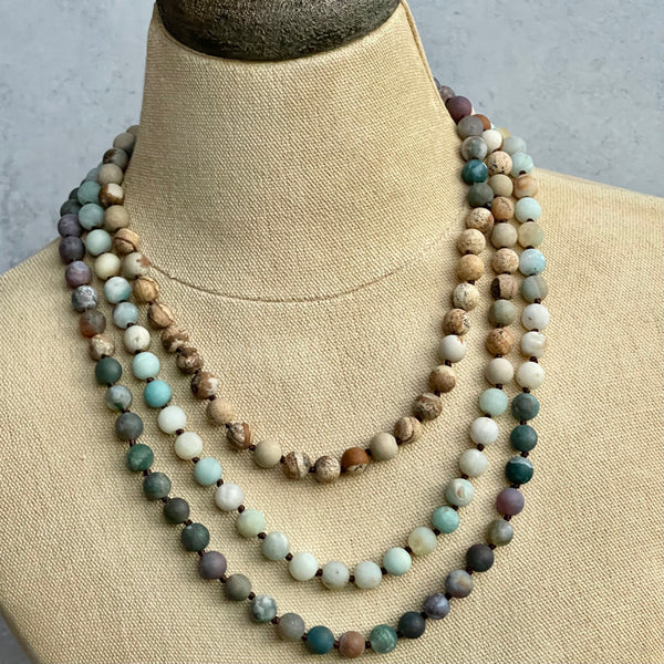 60” of Knotted Amazonite, Picture Jasper, & Fancy Jasper Necklace