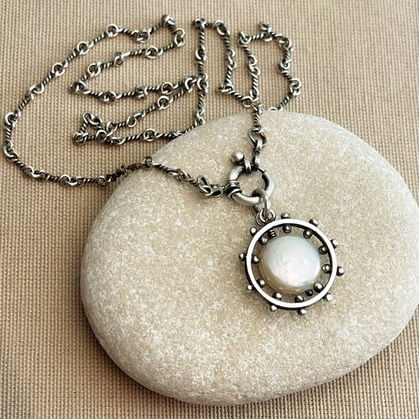 Sterling Silver Balanced Pearl Coin Necklace