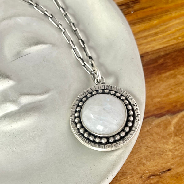 Sterling Silver Dotted Moonstone Necklace .75” Pendant