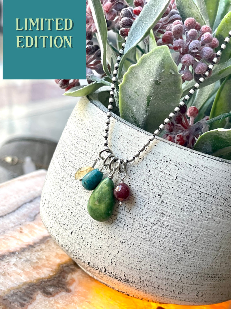 Limited Edition - Sterling Silver Oval Bead Necklace with Removable Gemstones Garnet, Turquoise, & Citrine