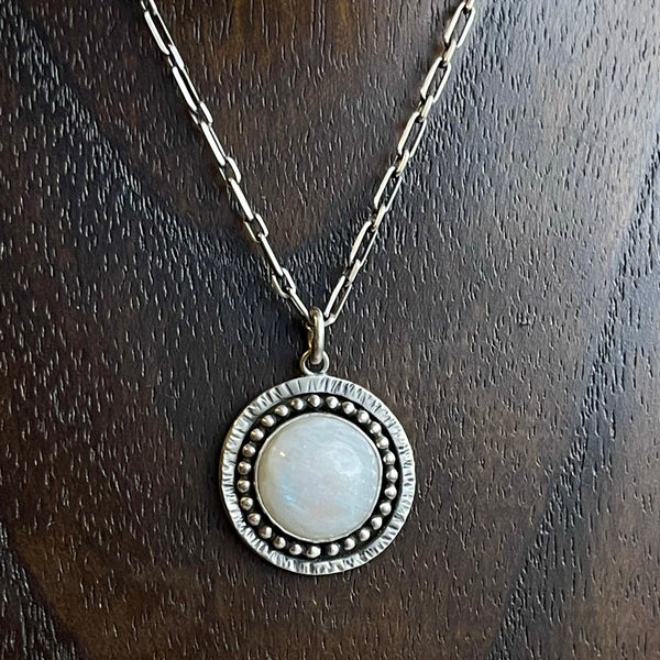Sterling Silver Dotted Moonstone Necklace .75” Pendant