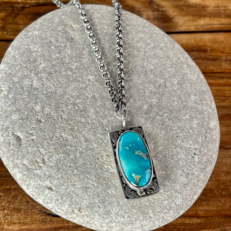 Sterling Silver and Sonoran Mountain Turquoise Necklace 7/8”x1/2” pendant