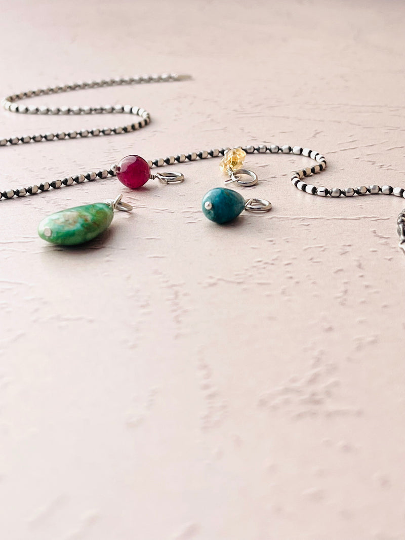 Limited Edition - Sterling Silver Oval Bead Necklace with Removable Gemstones Garnet, Turquoise, & Citrine