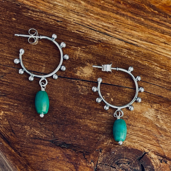 Sterling Silver Dotted Hoops with Turquoise 1.25”