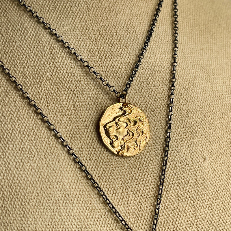 Rhodium Plated Sterling Silver & 24K Plated Bronze Lion Necklace 16”-18”