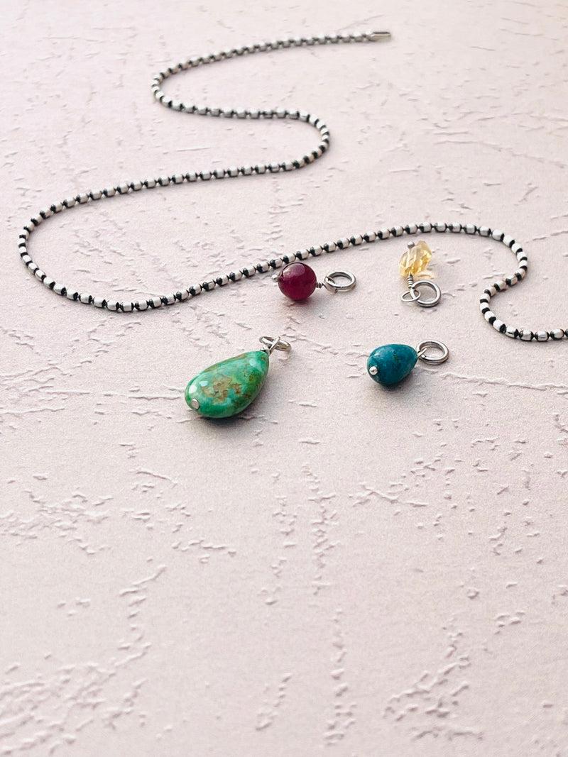 Limited Edition - Sterling Silver Oval Bead Necklace with Removable Gemstones Garnet, Turquoise, & Citrine