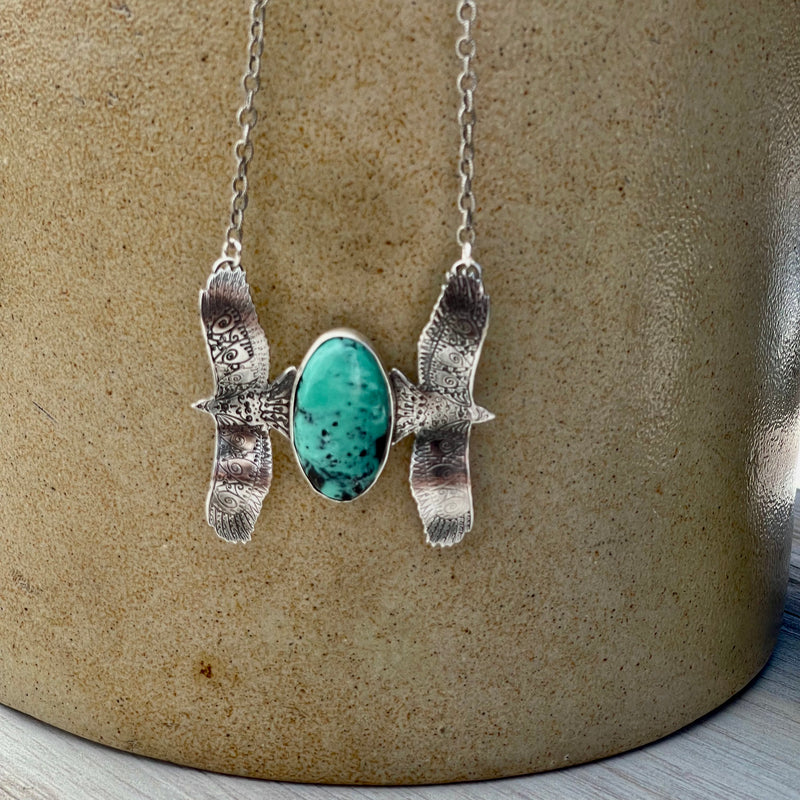 Sterling Silver & Variscite Necklace 20”-22” Pendant is 2”x2”