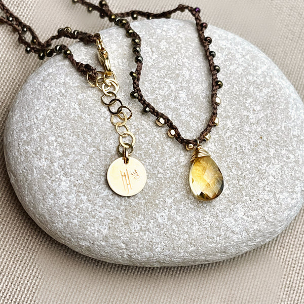 Hand Woven Linen Faceted Citrine Gemstone Necklace - Quick Ship