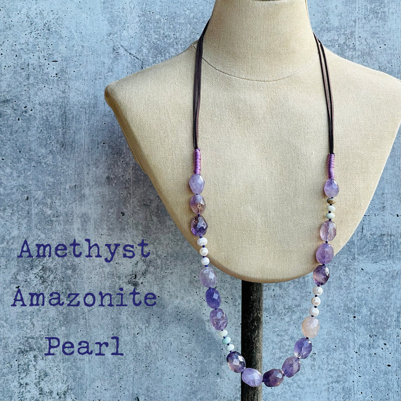 Chunky Amethyst, Amazonite, & Pearl Leather Necklace 33”