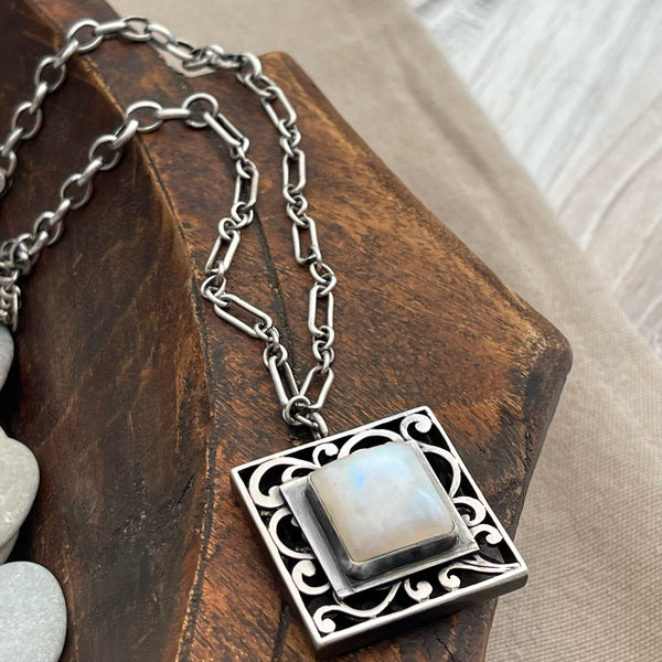 Sterling Silver Square Ornate Moonstone Necklace