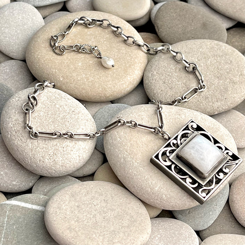 Sterling Silver Square Ornate Moonstone Necklace