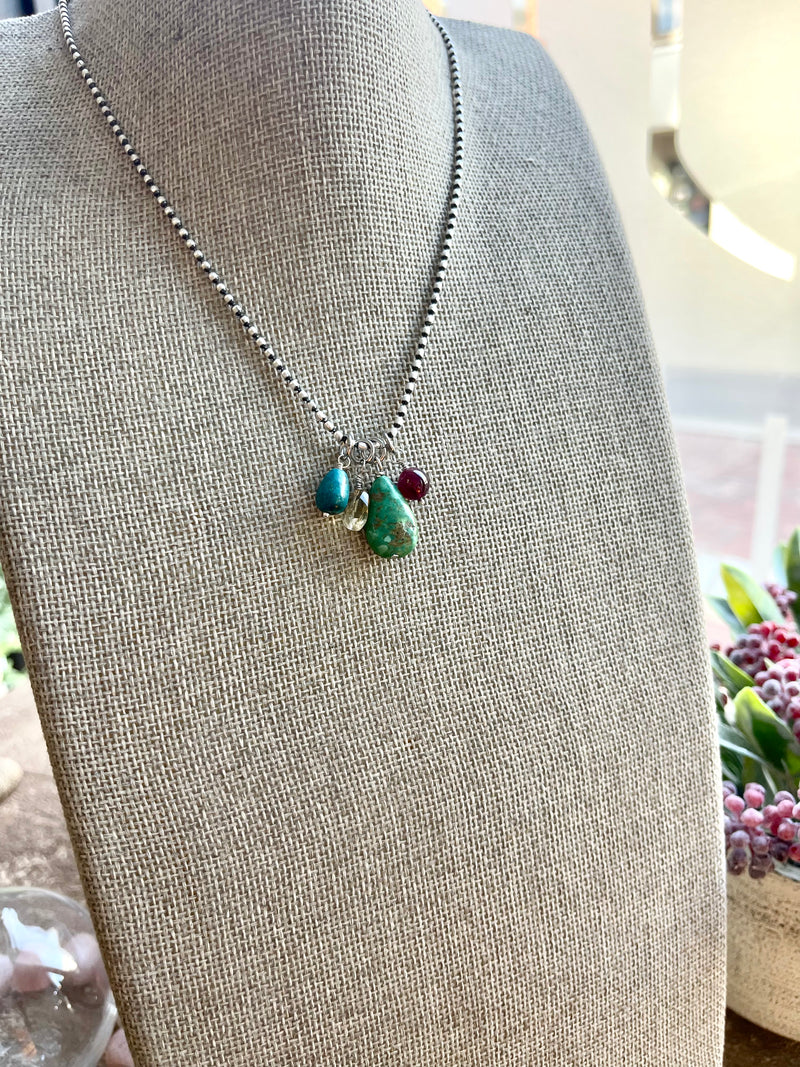 Limited Edition - Sterling Silver Oval Bead Necklace with Removable Gemstones Garnet, Turquoise, & Citrine