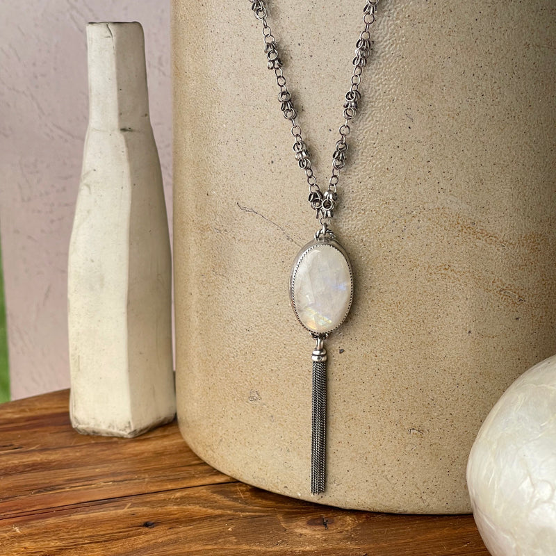 Sterling Silver & Rainbow Moonstone Necklace 16”-18