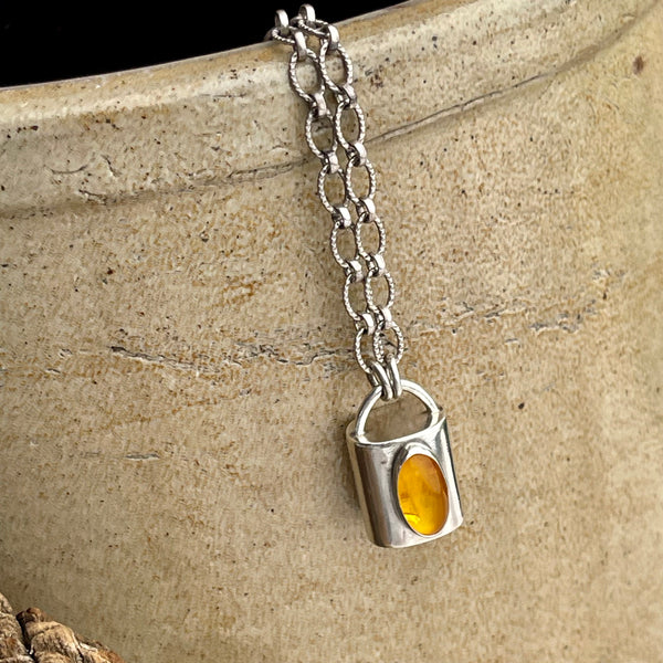 Sterling Silver Amber Necklace 16”-18” pendant 1”x.5”