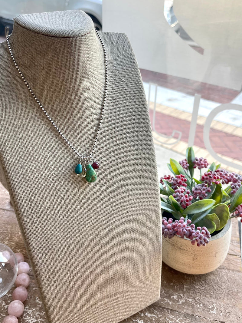 Limited Edition - Sterling Silver Oval Bead Necklace with Removable Gemstones Garnet, Turquoise, & Citrine