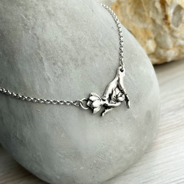 Lotus In Hand Sterling Silver Necklace