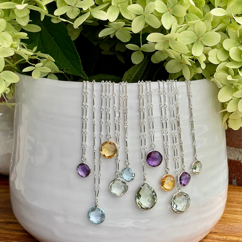 Sterling Silver, Amethyst, Green Amethyst, Blue Topaz, Or Citrine Necklaces 16”-18”