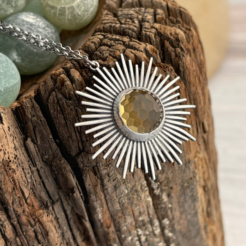 Sterling Silver Citrine Sunburst Necklace 16 18