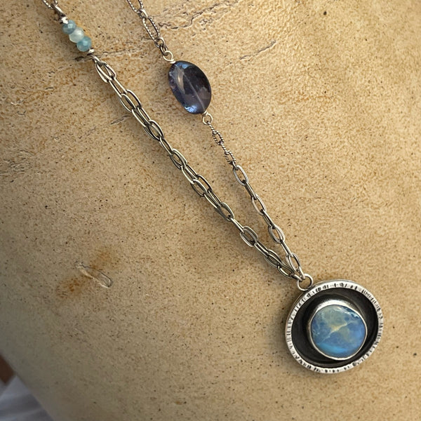 Sterling Silver Australian Boulder Opal Necklace with Iolite & Aquamarine 17”-19”